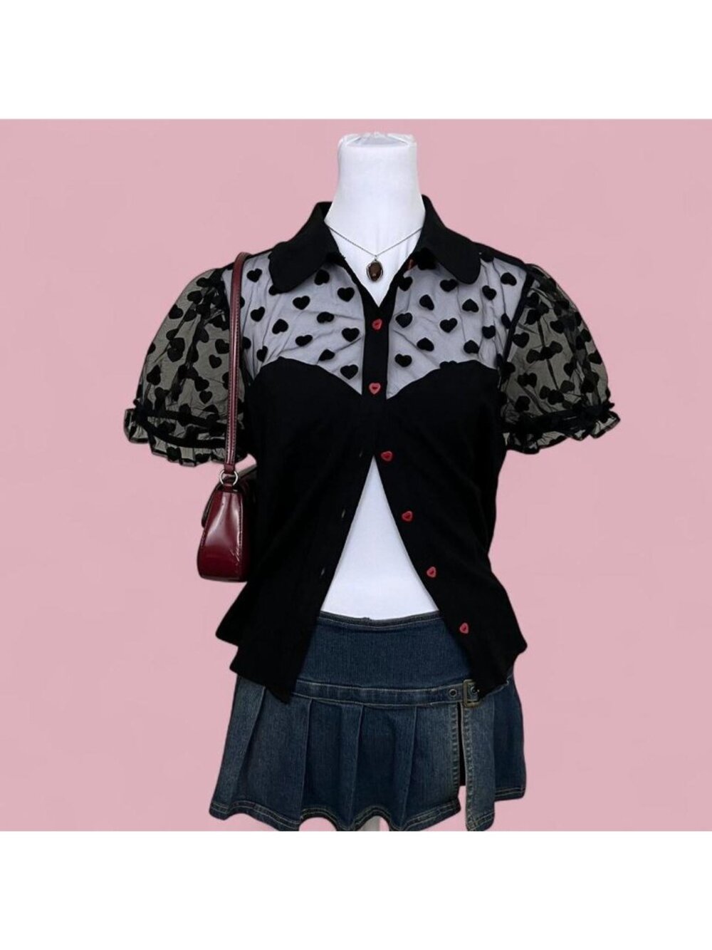 hot topic black heart lace goth grunge emo alt button up shirt